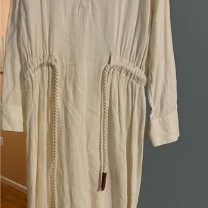 Cream Long-Sleeve Dress with Drawstring